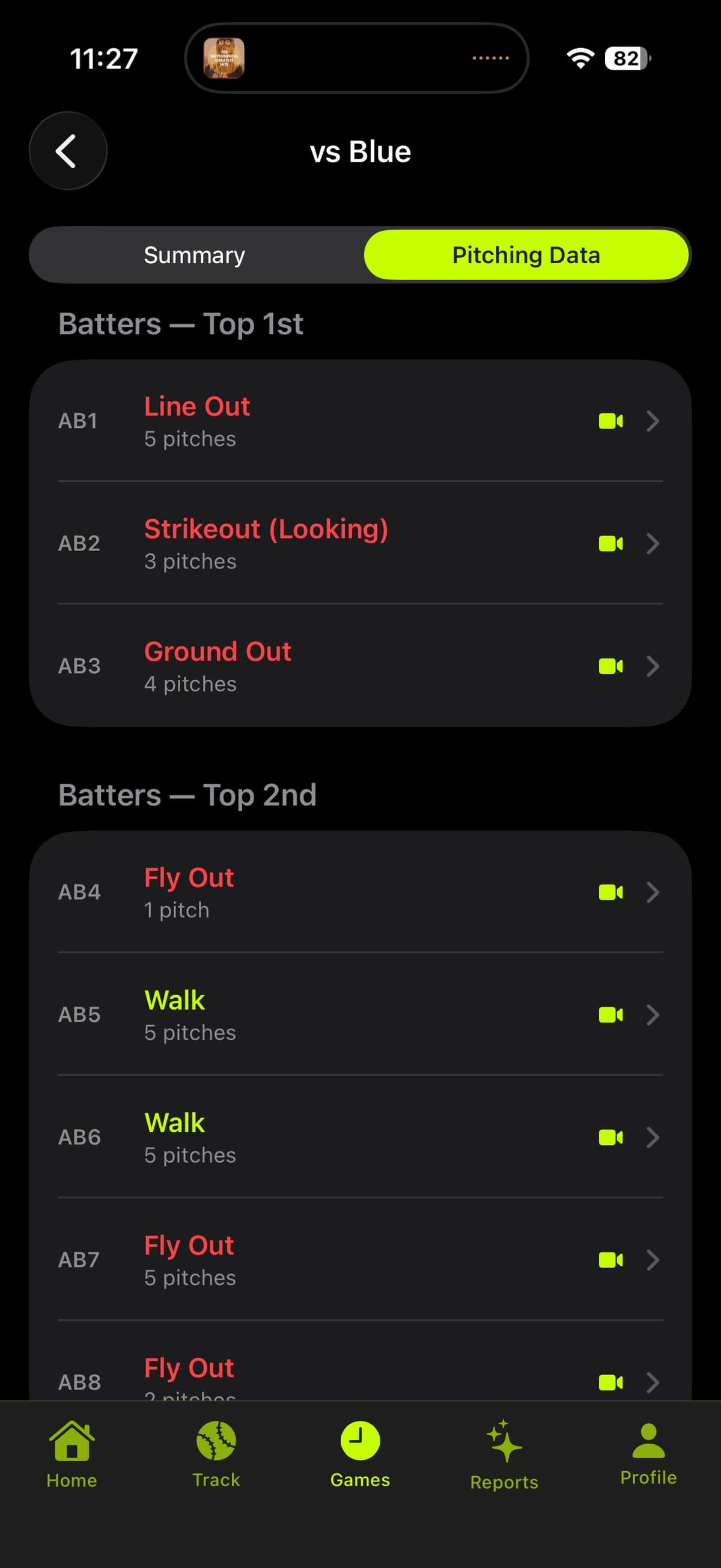 Prospekt game log showing every at-bat with a video clip icon