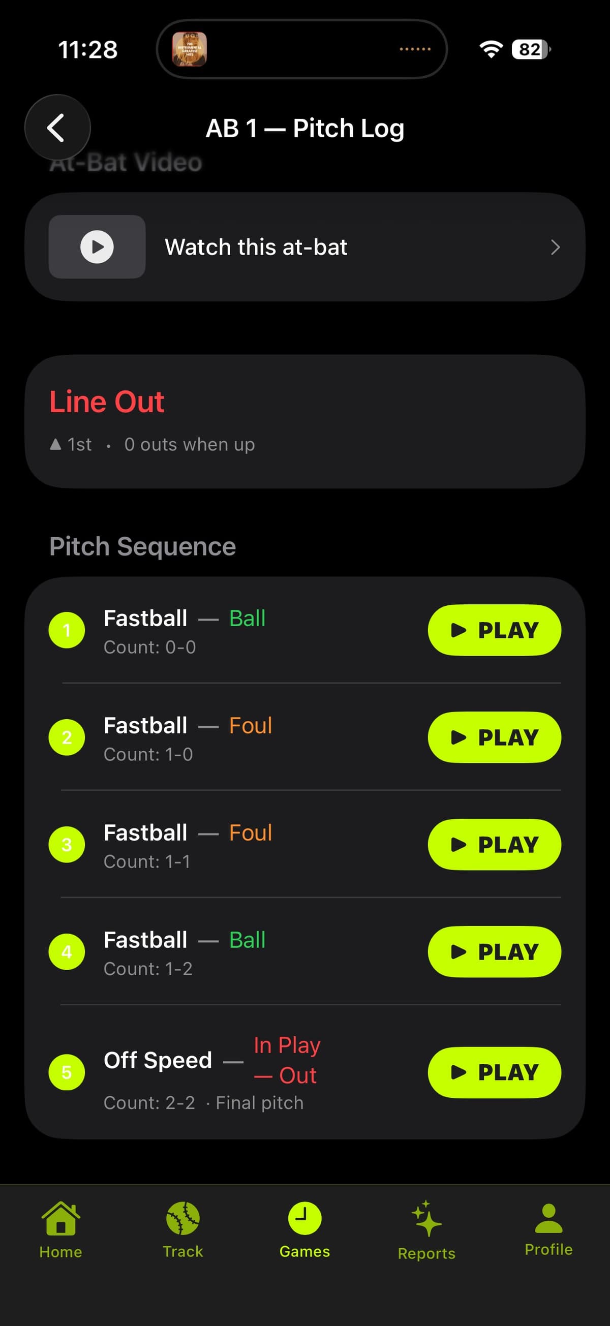 Prospekt pitch log for one at-bat, with a Play button on every pitch