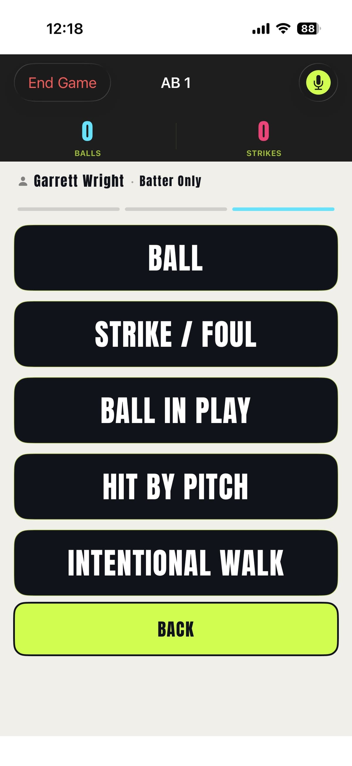 Prospekt ball, strike, and outcome selection screen
