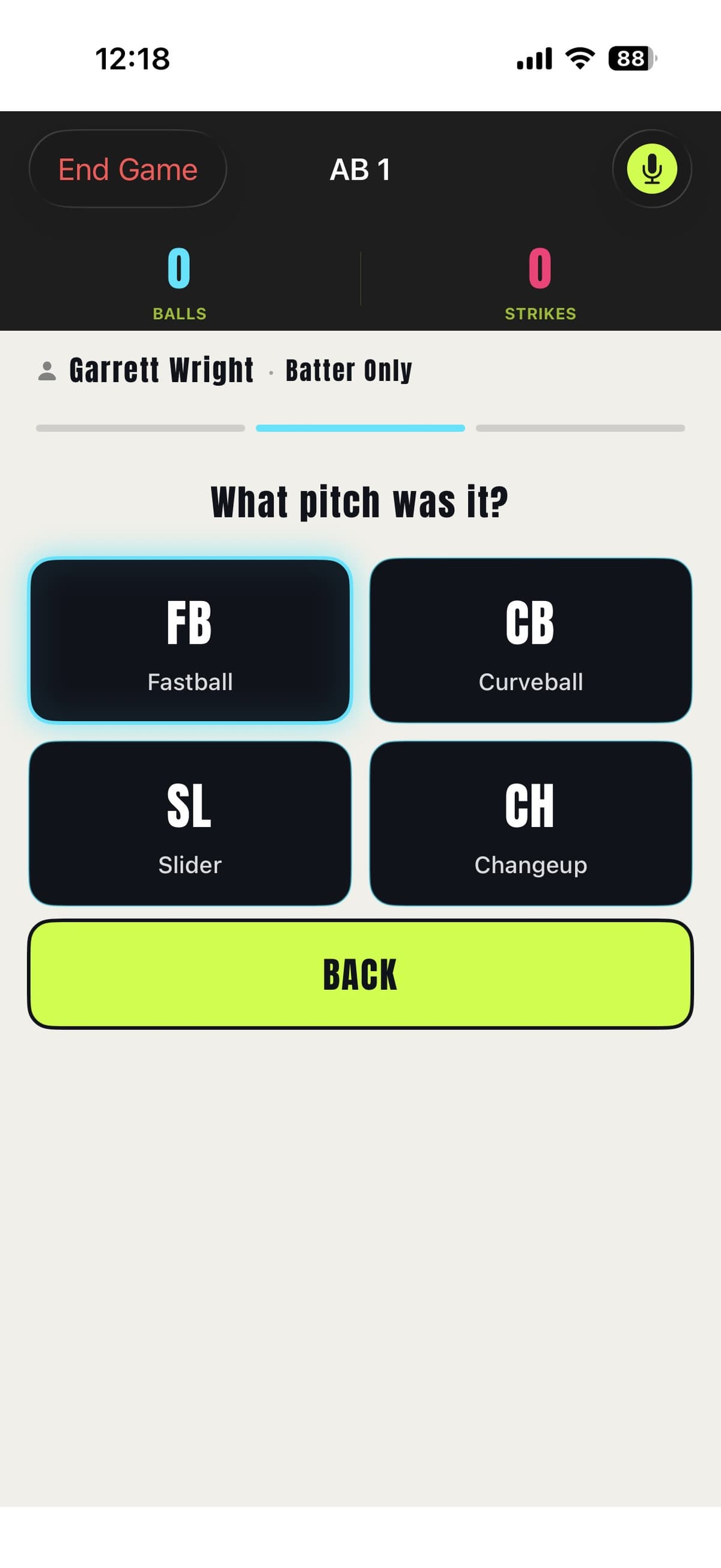 Prospekt pitch-type selection screen — FB, CB, SL, CH