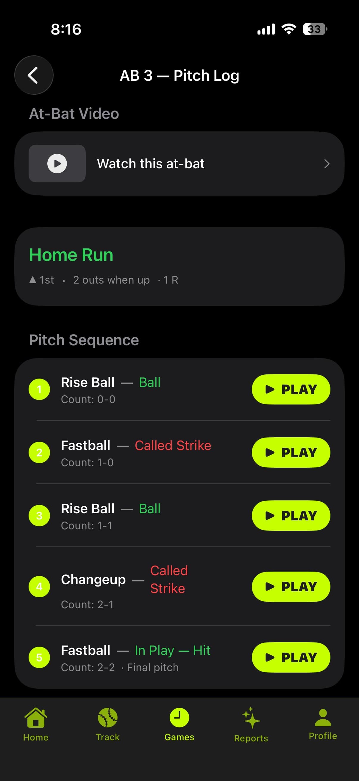Prospekt At-Bat Pitch Log screen