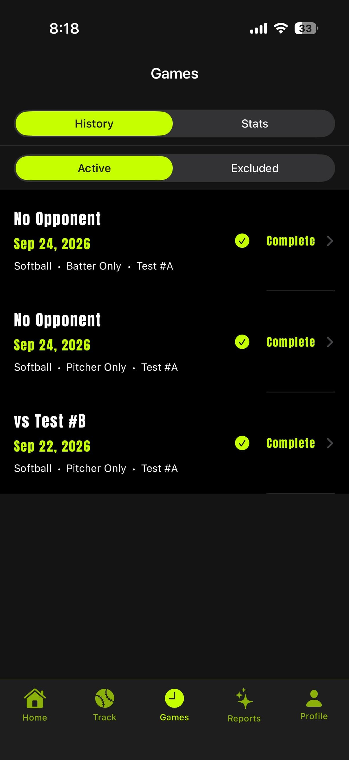 Prospekt Games tab showing the game history list