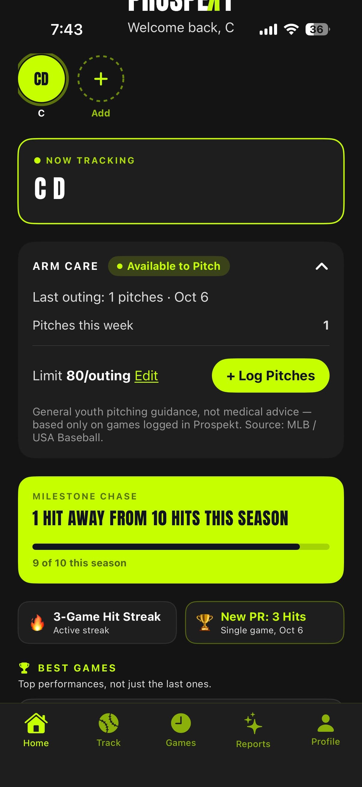 Prospekt Home tab showing Arm Care and season stat widgets