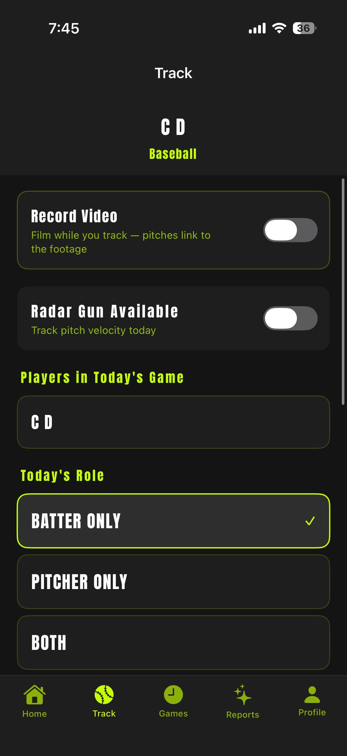 Prospekt Track tab, top of Game Setup screen