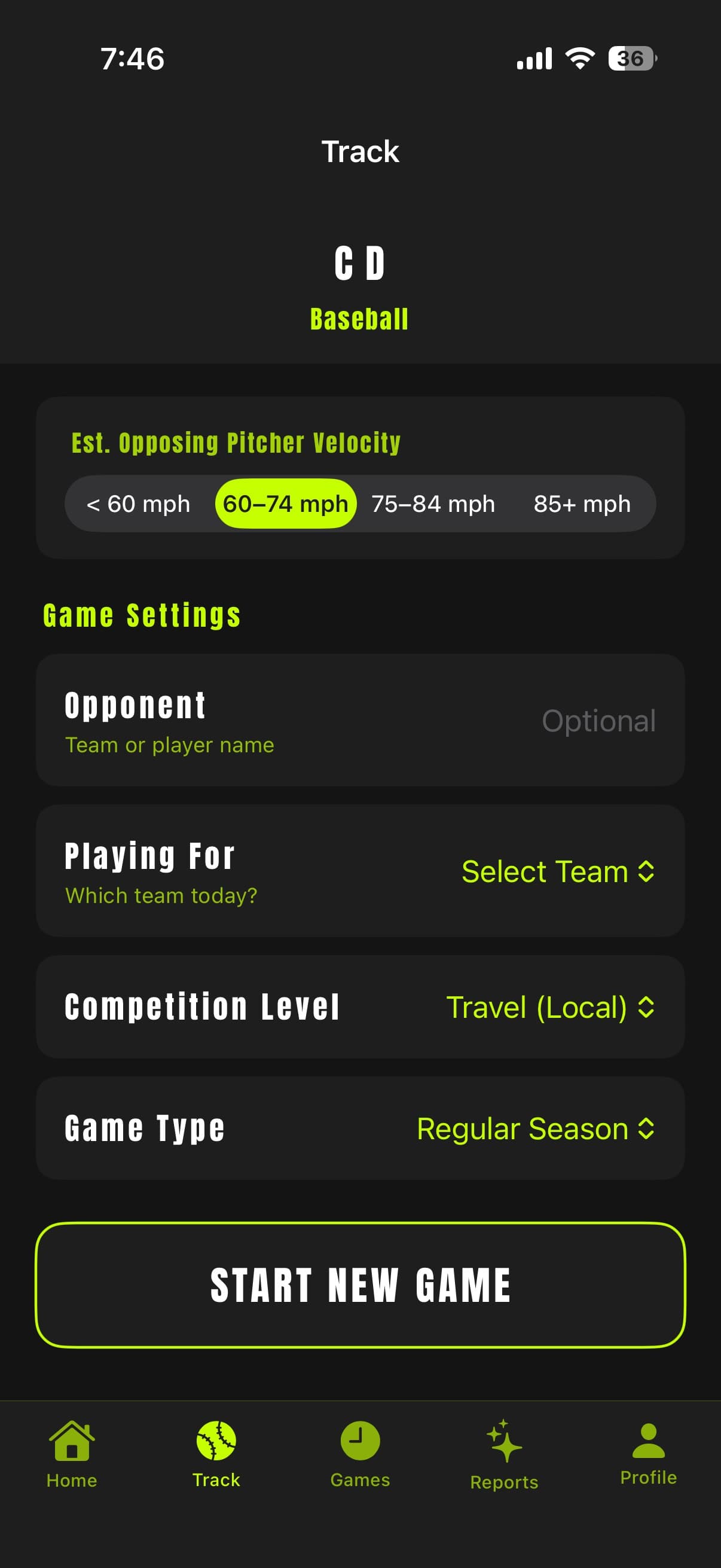 Prospekt Track tab, bottom of Game Setup screen with Start New Game button
