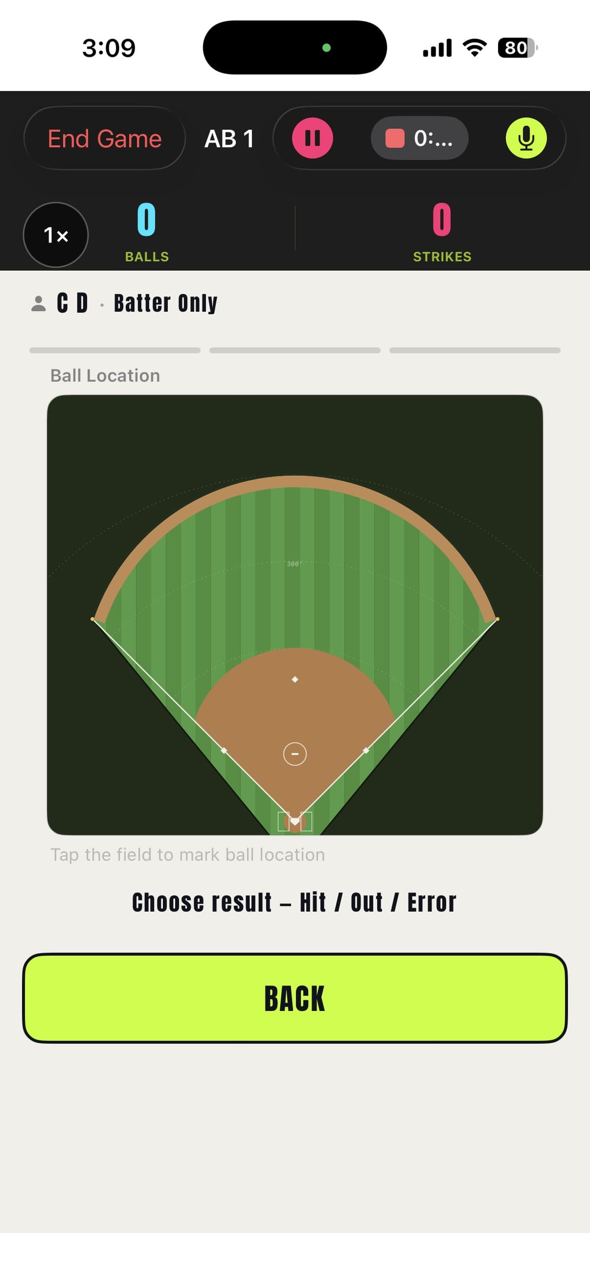 Prospekt ball location screen showing the softball skinned-infield field