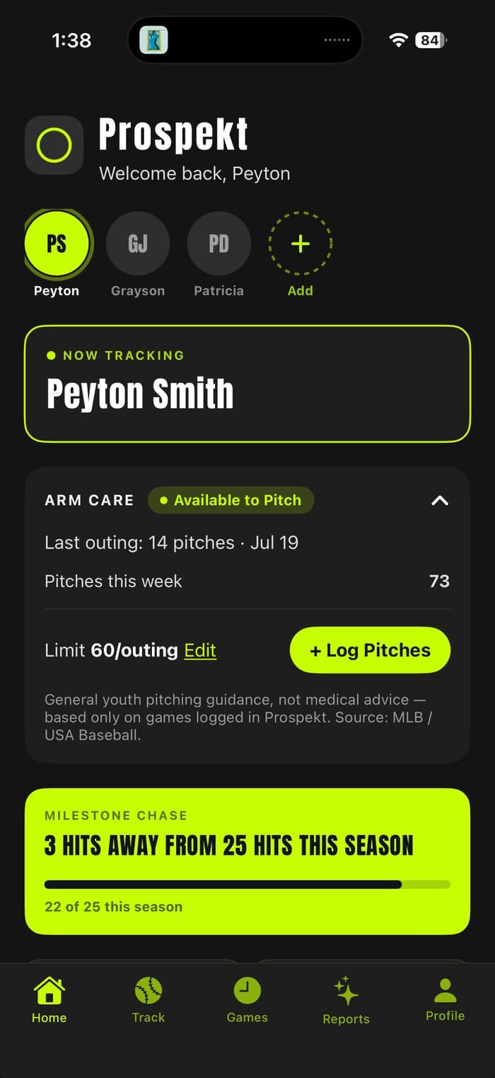 Prospekt Home tab, showing the player switcher, Now Tracking card, Arm Care, and Milestone Chase