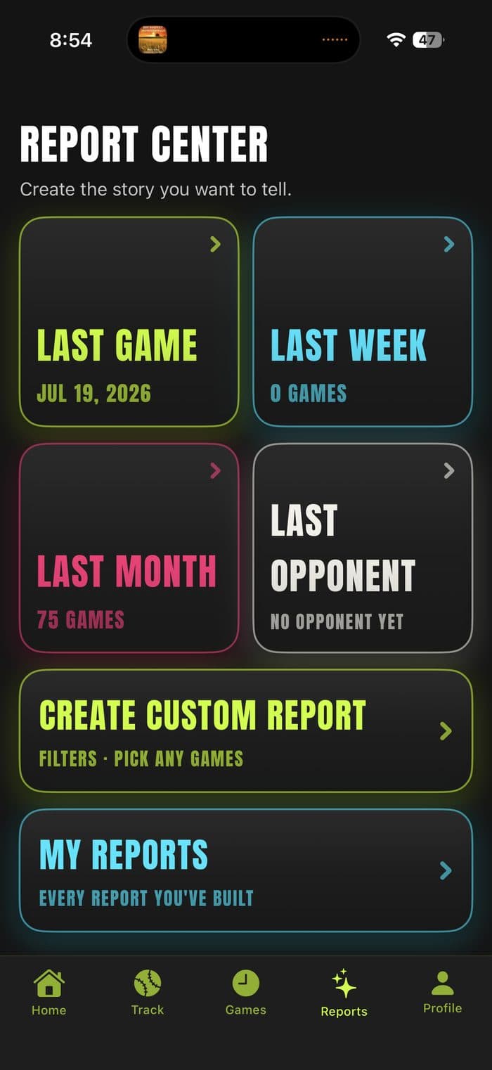 Prospekt Report Center, with Last Game, Last Week, Last Month, and Last Opponent report options