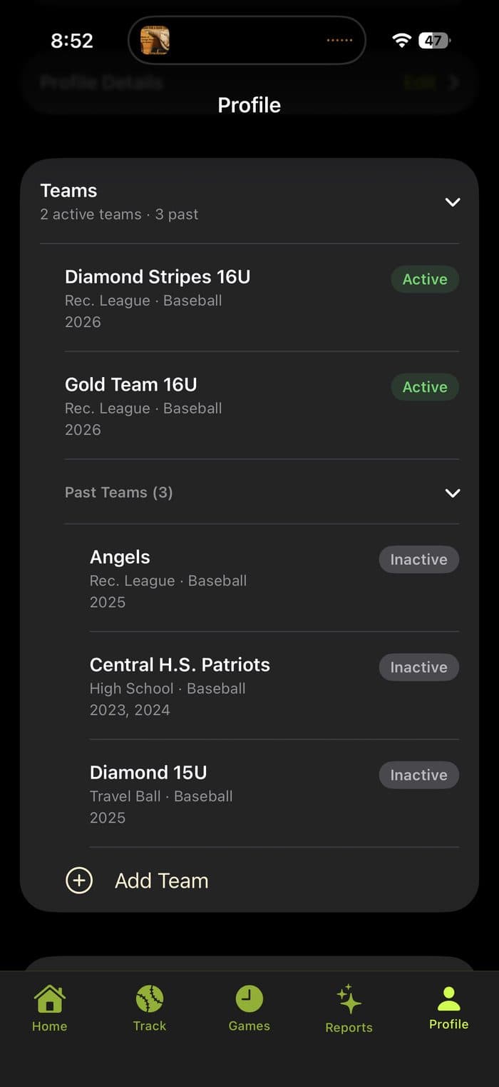 Prospekt Profile tab, showing active and past teams