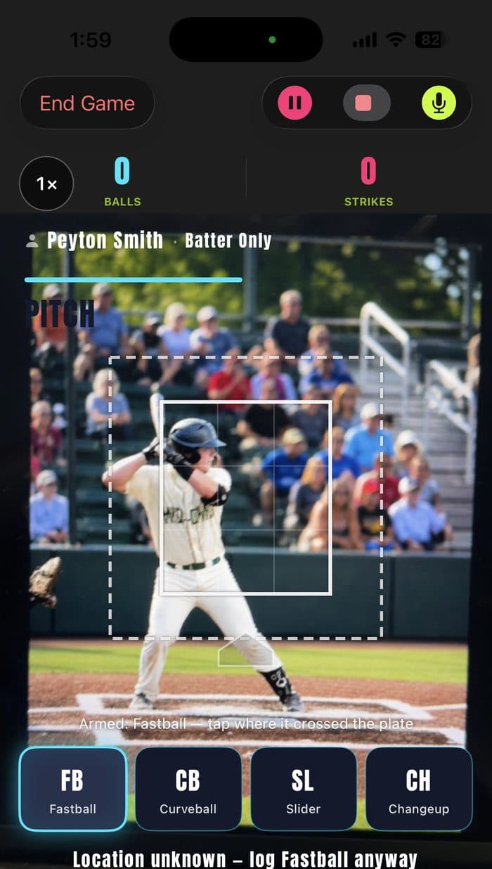 Prospekt live pitch entry screen, recording video with the strike zone overlay